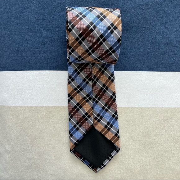 Joseph & Feiss International 100% Silk Earth Tone Brown Blue Plaid Men Neck Tie - Picture 8 of 11
